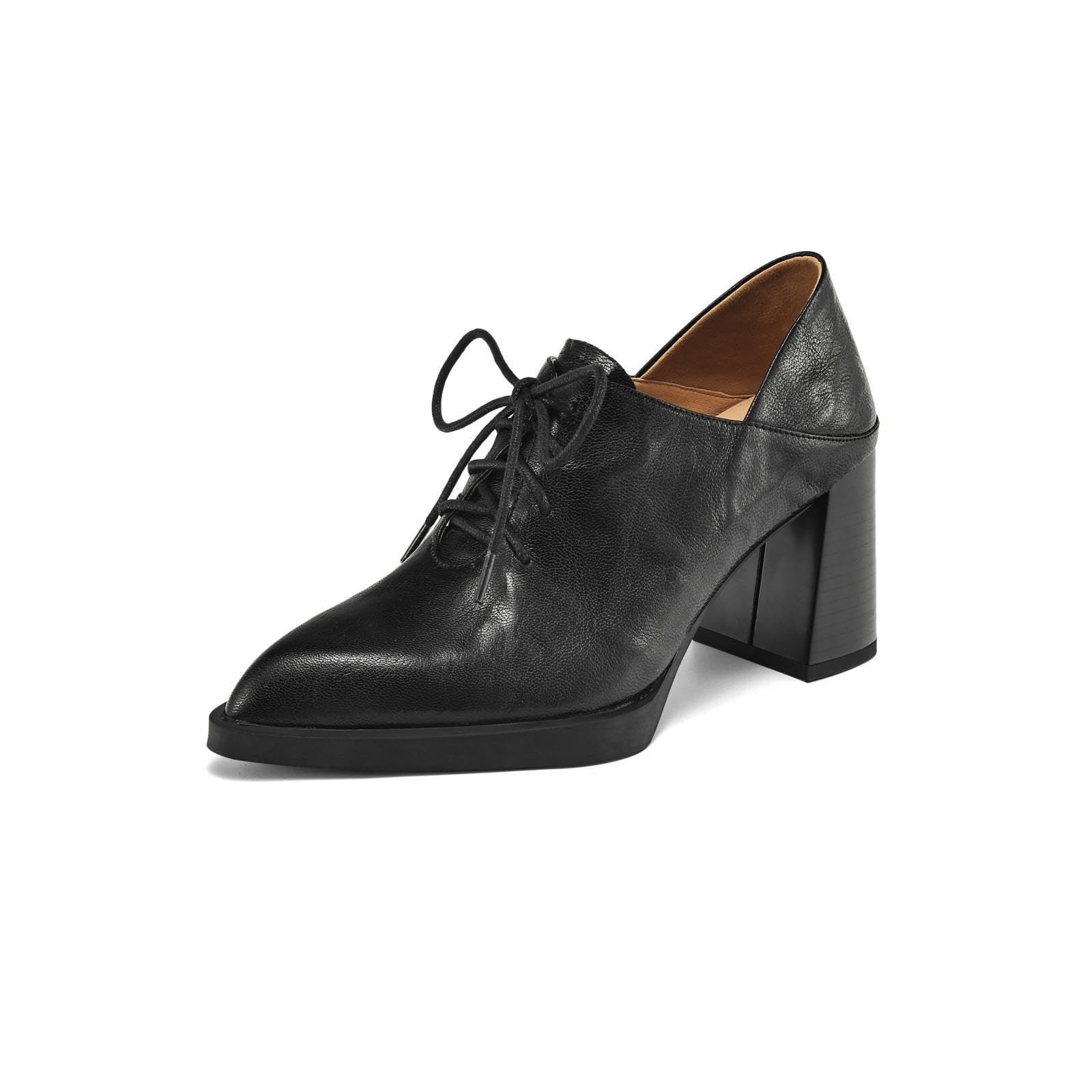 TinaCus Women's Genuine Leather Lace Up Pointed Toe High Stacked Heel Office Oxford Shoes