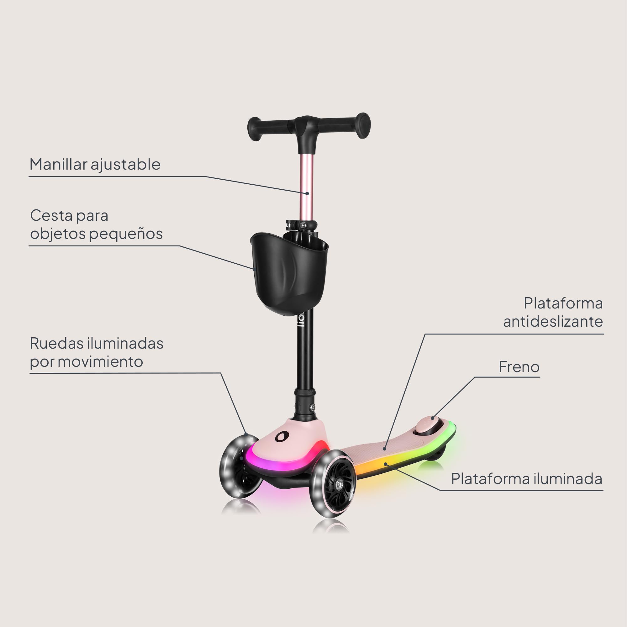 LIONELO MEY Patinete de Equilibrio para Niños Desde 3 años hasta 50 kg, Scooter Infantil Patinete de 3 Ruedas con Ajuste de Altura, Plataforma Antideslizante Iluminada y Ruedas LED, Cesta