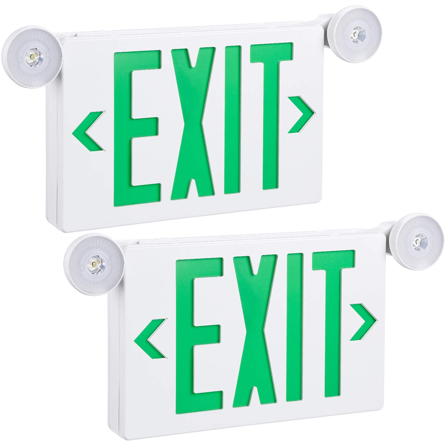 TORCHSTAR Green LED Exit Sign with Emergency Lights, UL 924, Emergency Exit Light with Battery Backup, Adjustable Heads, Fire Exit Sign with Lights, Double Face, AC 120/277V, Damp Location, Pack of 2