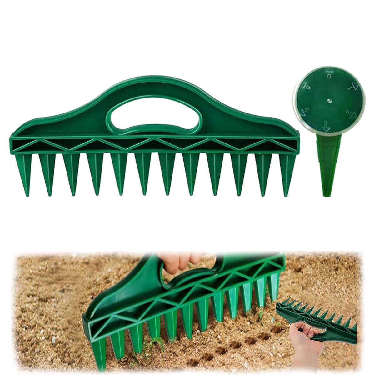 12-Hole Seed Planter Tool for Raised Beds & Pots Manual Transplanting Dispenser Soil Hole Puncher Fixed-Spacing Garden Dibber Gardening Hand Tool for Planting Vegetables Flowers (Green Set)