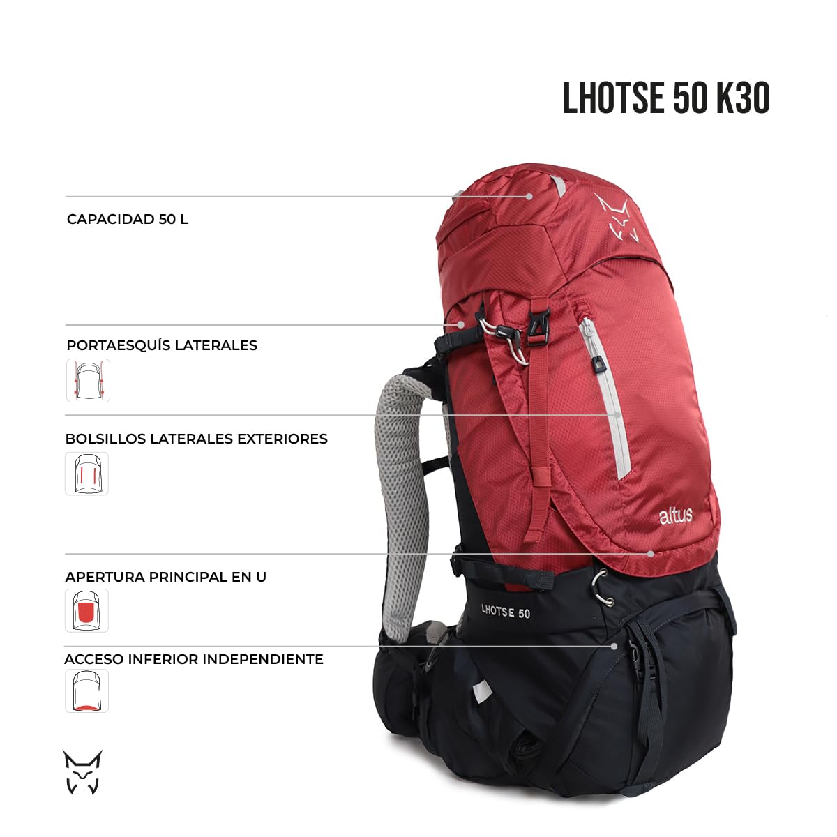 ALTUS Lhotse 50 K30 Mochila de Montaña y Trekking 50 Litros Unisex | Espalda Regulable y Transpirable, Apertura en U, Acceso Inferior, Portaesquís