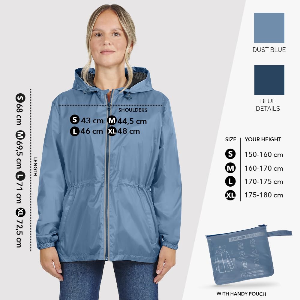 PERLETTI Chubasquero Mujer Cortaviento Ligero con Cremallera - Impermeable Mujer con Capucha Detalles Reflectantes - Chaqueta Trench Deporte Transpirable Waterproof Reutilizable Mujeres