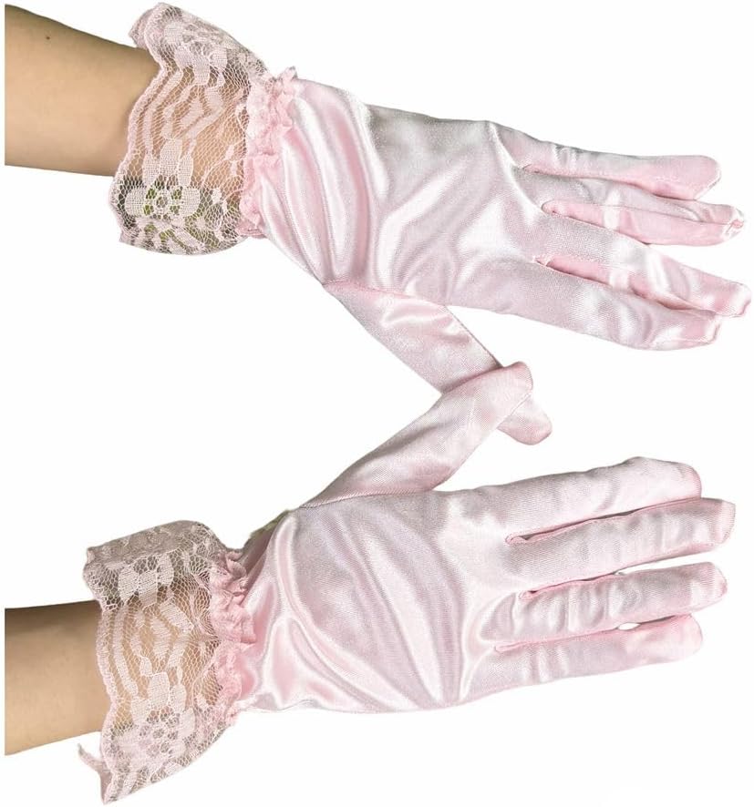 Women's Short Satin Evening Prom Gloves Lace Ruffle Tea Cocktail Party Gloves for Wedding Dinner Dance Party