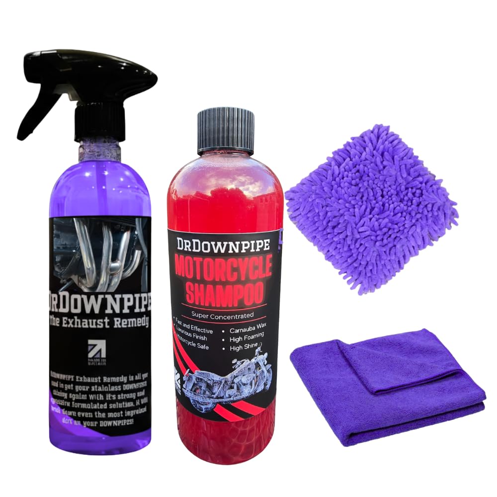 DrDownpipe Motorcycle Wash & Exhaust Cleaner Gift Set – Restores Stainless Steel Downpipes – Includes High-Shine Shampoo, Silicone-Free Wash Mitt & Microfibre Drying Towel – Professional Detailing Kit