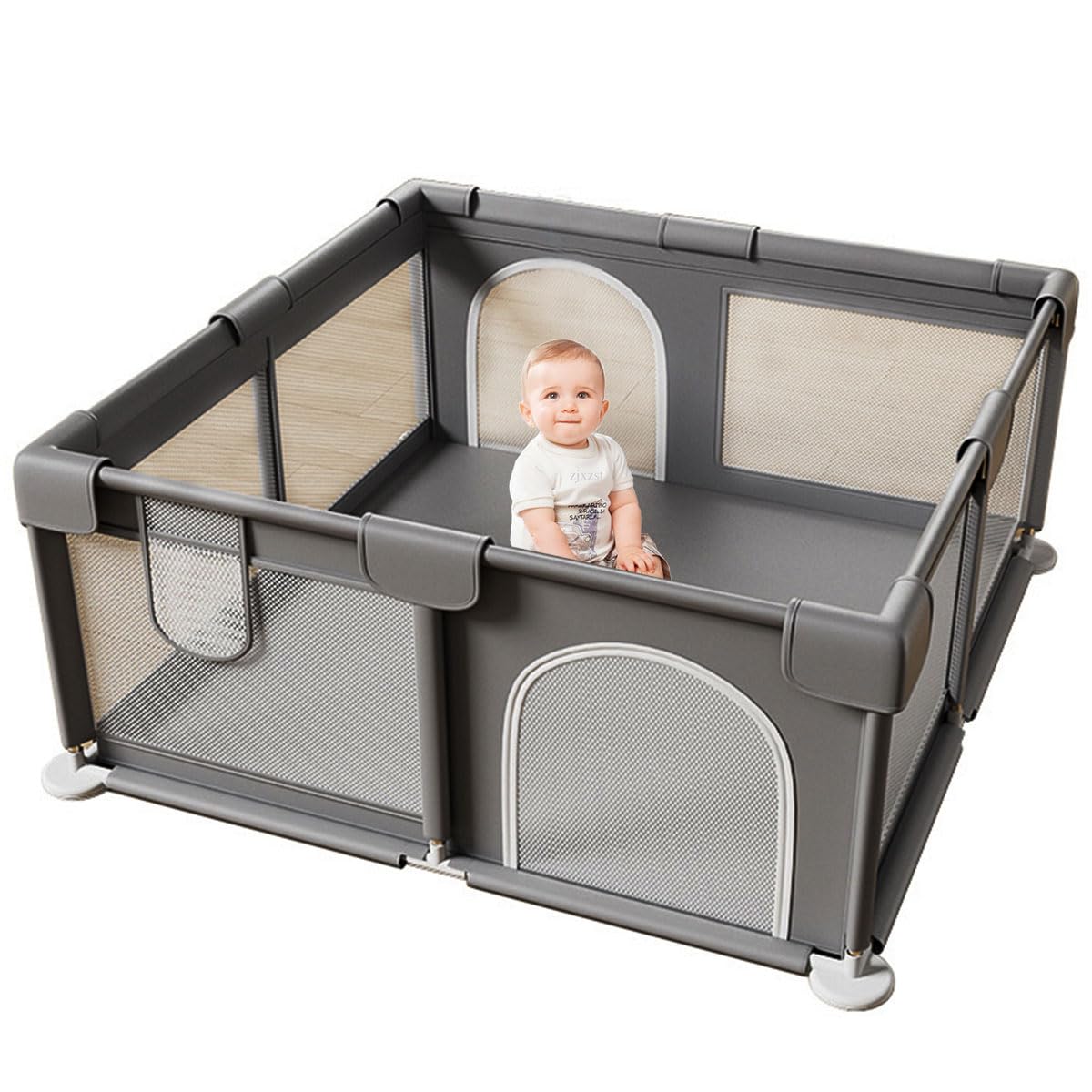 ECVV® Baby Playpen - 200 * 200 * 60cm - Portable Indoor/Outdoor Safety Play Yard with Breathable Mesh & Zipper Door - Grey
