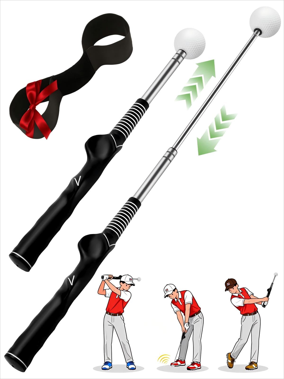 Retractable Golf Swing Trainer with Arm Band - Click Stick Golf Training Aid, Right-Handed Golf Swing Practice Stick for Chipping & Hitting, Portable Indoor Outdoor Golf Practice Stick