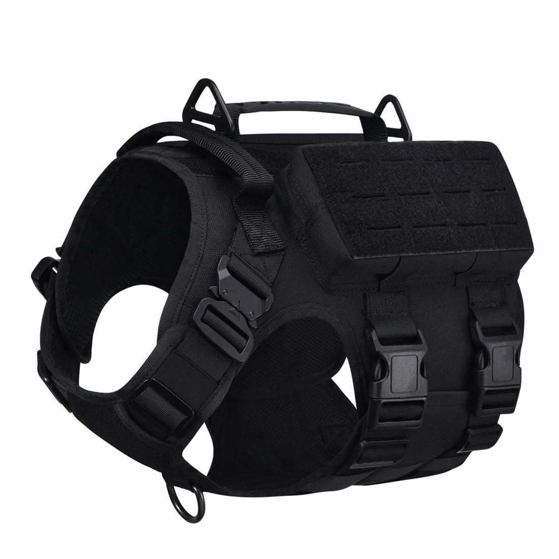 Hundegeschirr mit 3 Taschen, 2 Griffe, 3 D-Ring Taktisch Gepolstert Verstellbar Molle Sicherheitsgeschirr Brustgeschirr für mittelgroße große Hunde (Schwarz, XL)