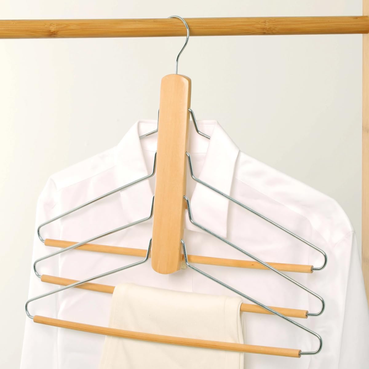 Housekeeper Beech Space Saving Hangers – 8-In-1 Shirt & Trouser Wardrobe Organiser, Hang 8 Items In 1 Coat Hanger Slot – Non-Slip, Foldable, 360° Swivel Hook – Wardrobe Space Saver, Pack Of 2