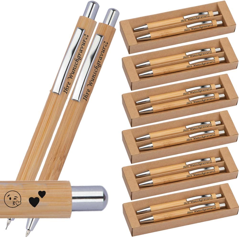 Generisch 25x Schreibset mit Kugelschreiber und Druckbleistift inklusive Gravur | Bambus | blau schreibend | Emojis Gravur möglich | Lasergravur | Werbekugelschreiber personalisiert (25)