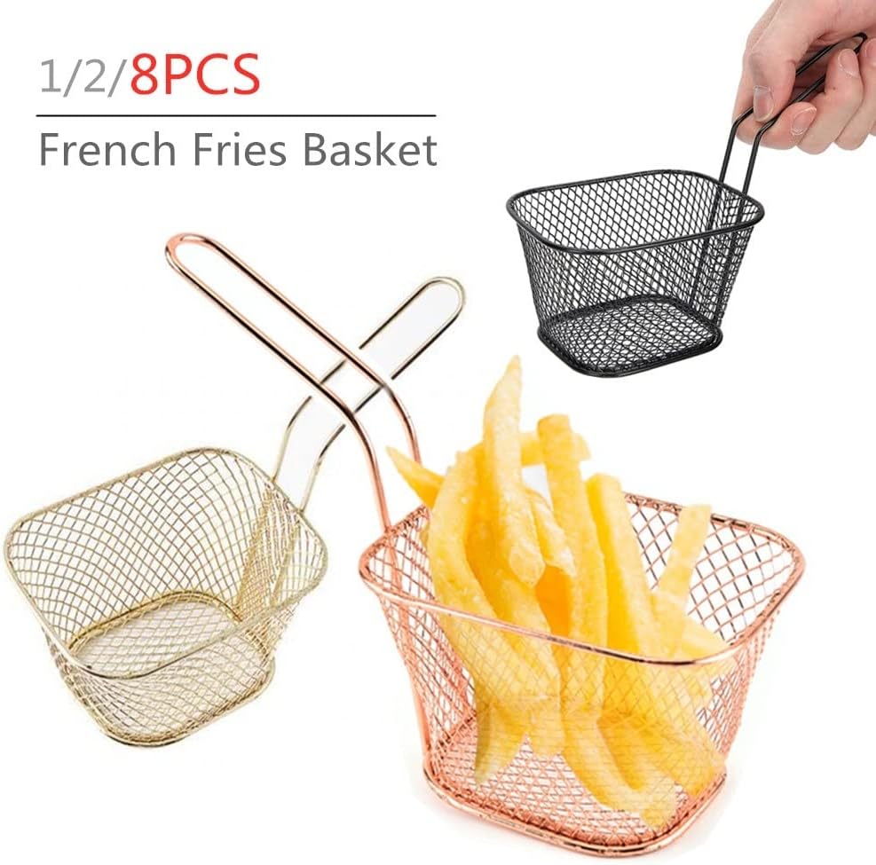 Stainless Steel Frying Baskets, 2PCS Mesh Food Strainers for French Fries, Kitchen Fry Tool Colander, Gold Cooking Fryer Basket, Durable & Easy to Clean