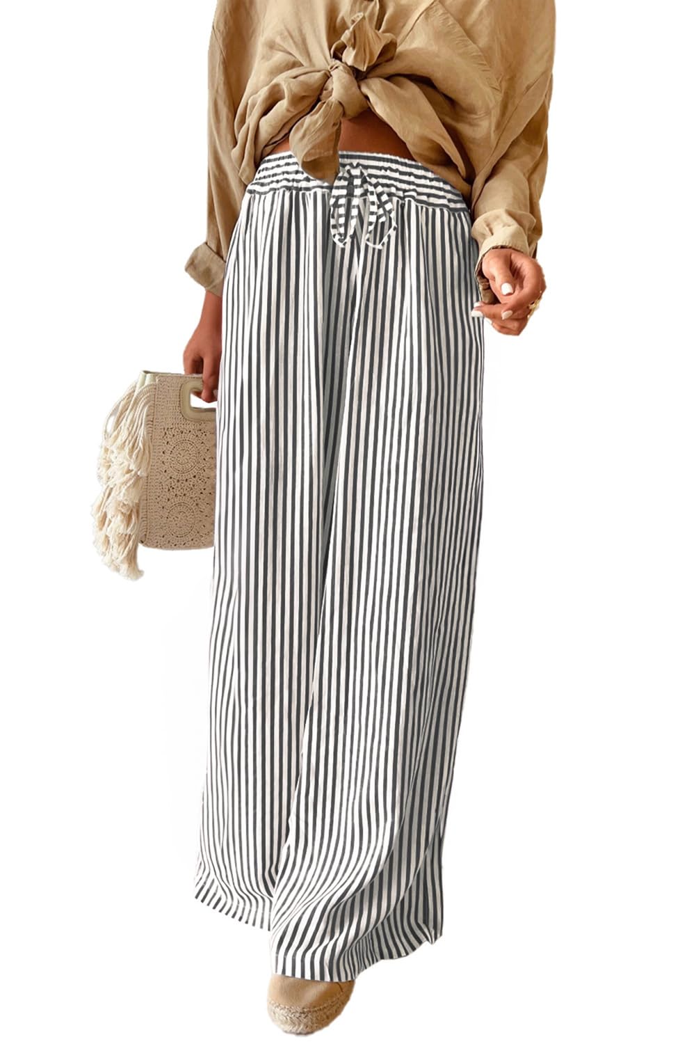 Acelitt Women Casual Drawstring Elastic Waist Striped Wide Leg Pants with Pockets, S-XXL