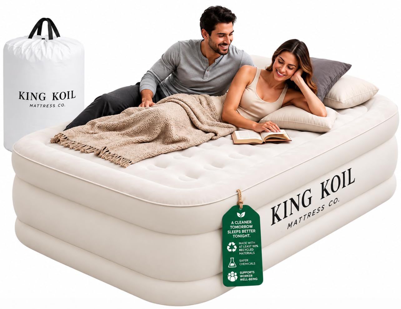 King Koil Twin Air Mattress with Built-in Pump, 16” Raised Inflatable Bed