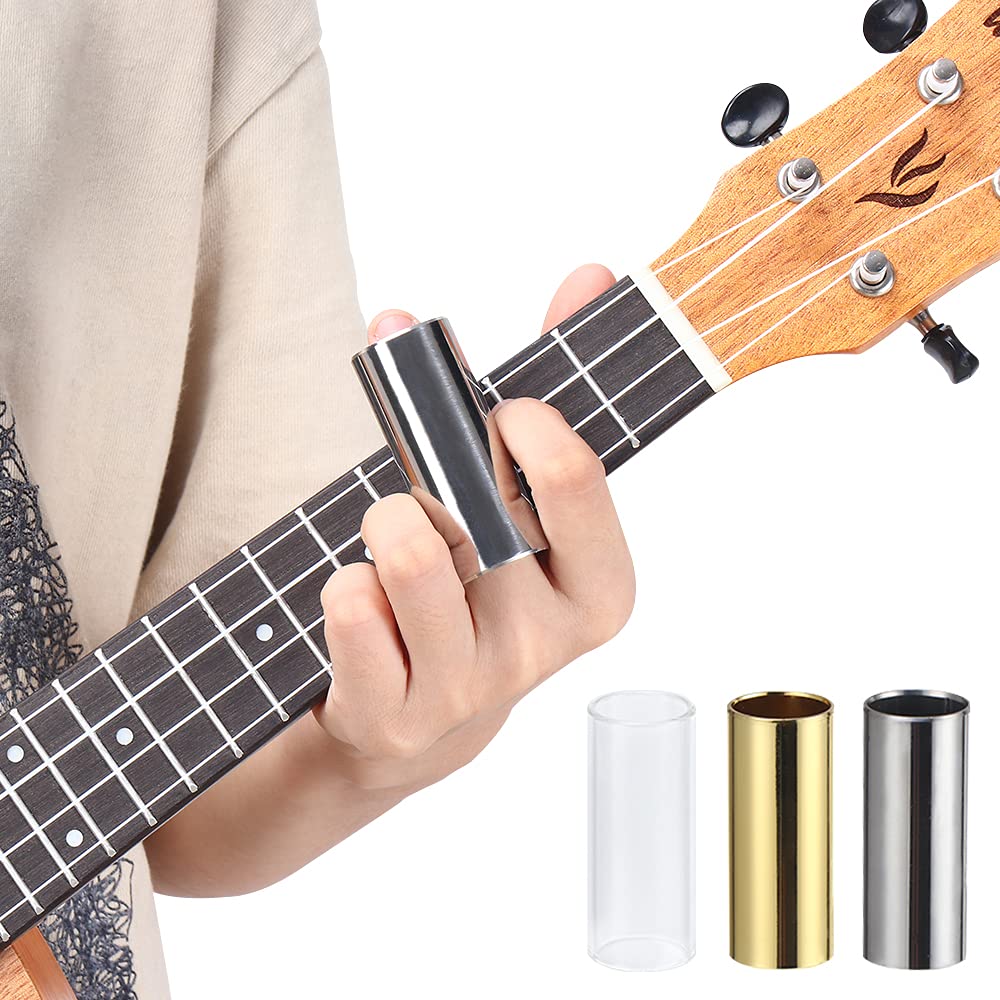3Pcs Slides Guitare Kit avec 1 guitare à glissière en verre, 2 Slide de Guitare en Acier Inoxydable, interrupteur à glissière de guitare tout-en-un pour la Guitare, Basses, Moyenne (6 cm)