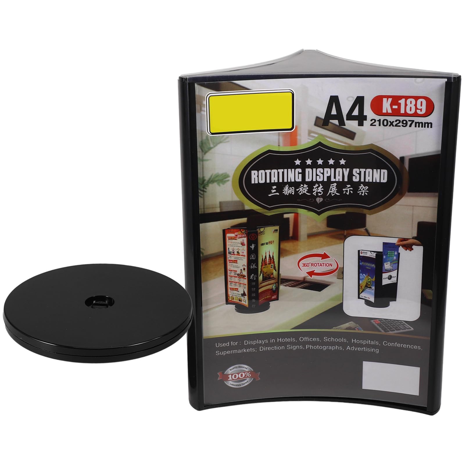 Porta Menú de Tres Caras de Acrílico Negro con Soporte Giratorio Fácil de Usar con Exhibición Vertical para Restaurantes y Bodas