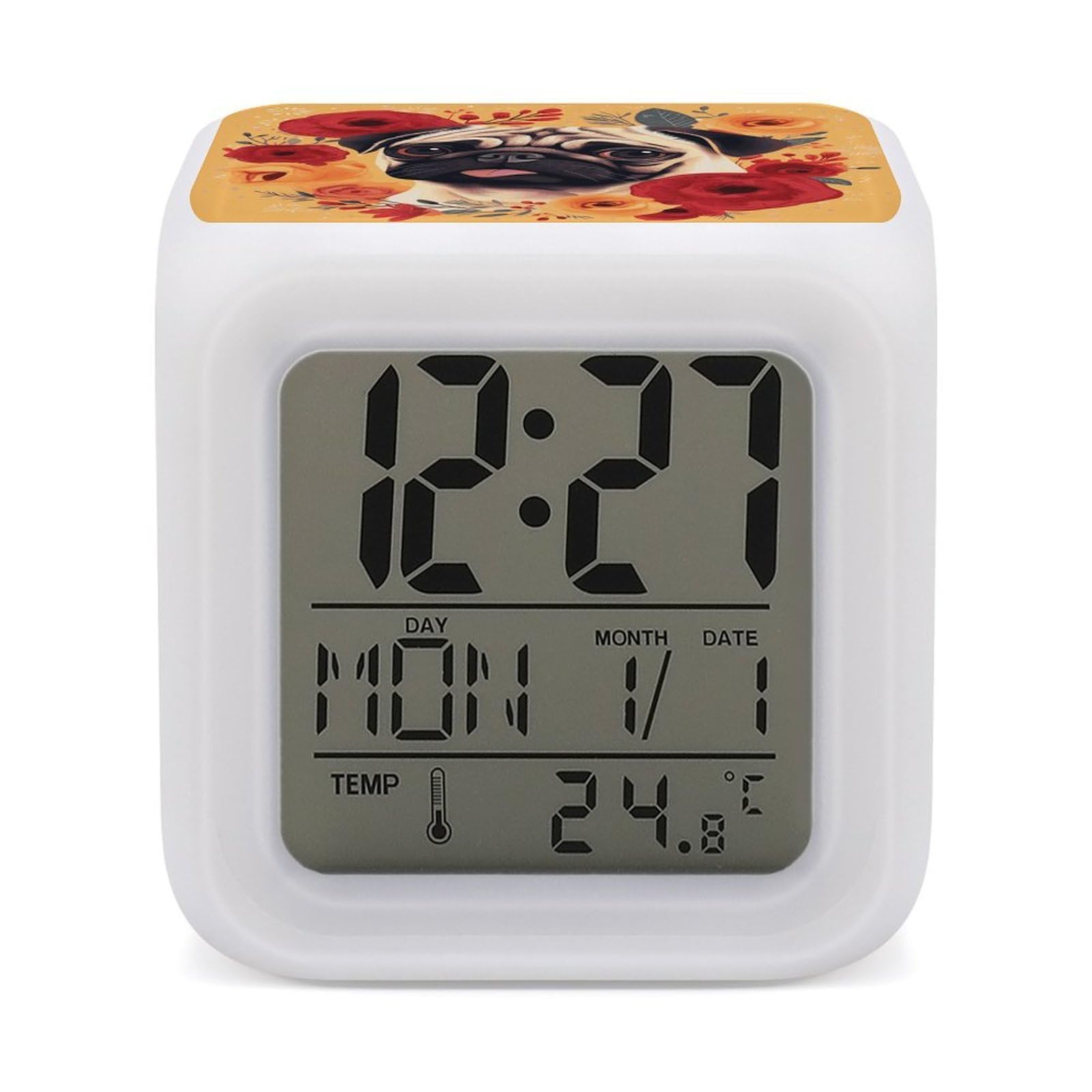 JTREHY Pug Flower Alarm Clock Digital Dimmable Clock for Bedroom LED Display Screen Mini Clocks 7 Color Dimmable Night Lights Time-to-Rise Alarm Clocks for Office Living Room