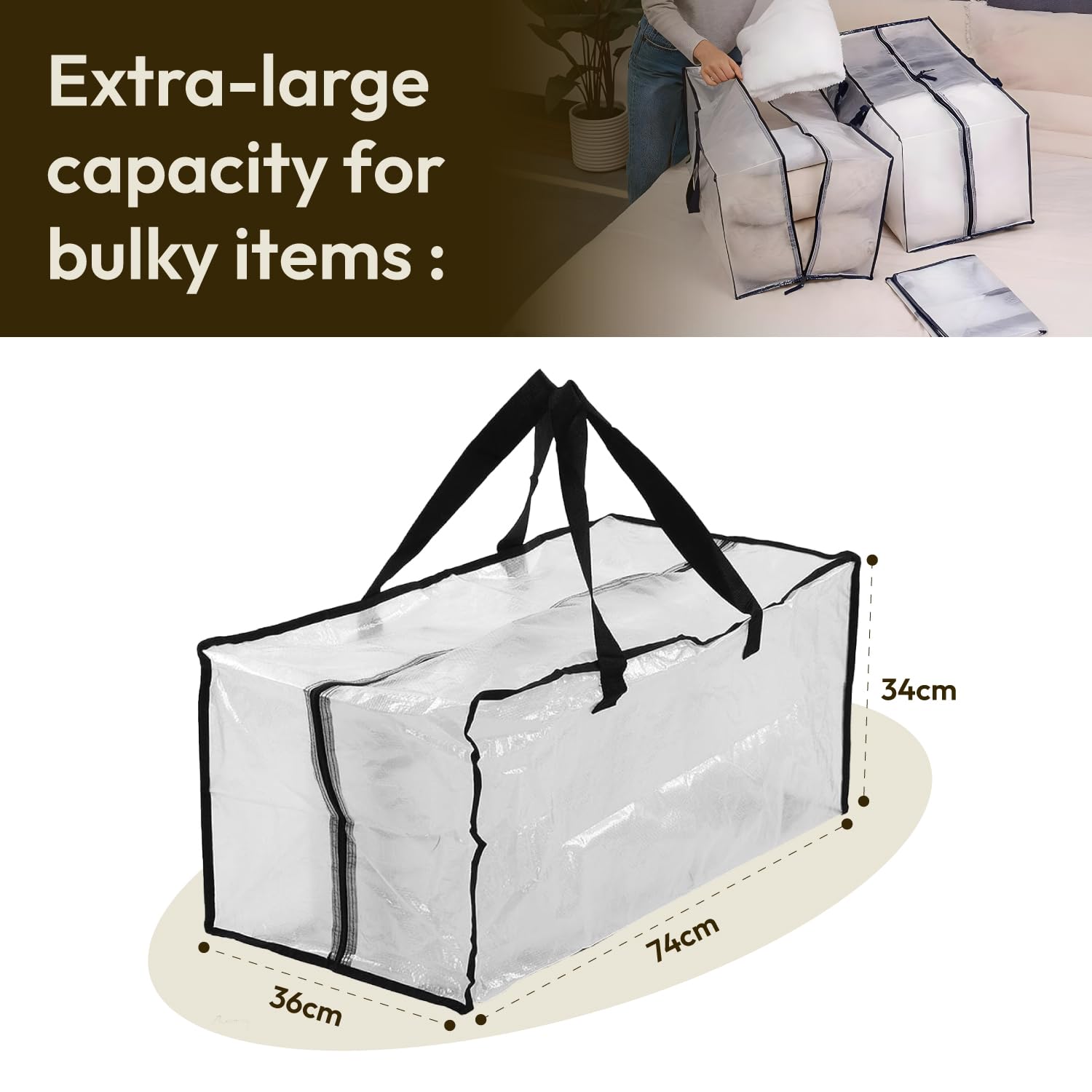 BRISEED™ 5-Pack XL Clear Moving Bags with Backpack Straps, Strong Handles, Zippers | Space-Saving, Heavy-Duty Storage Totes for Moving, Camping, Travel | 74x34x36cm