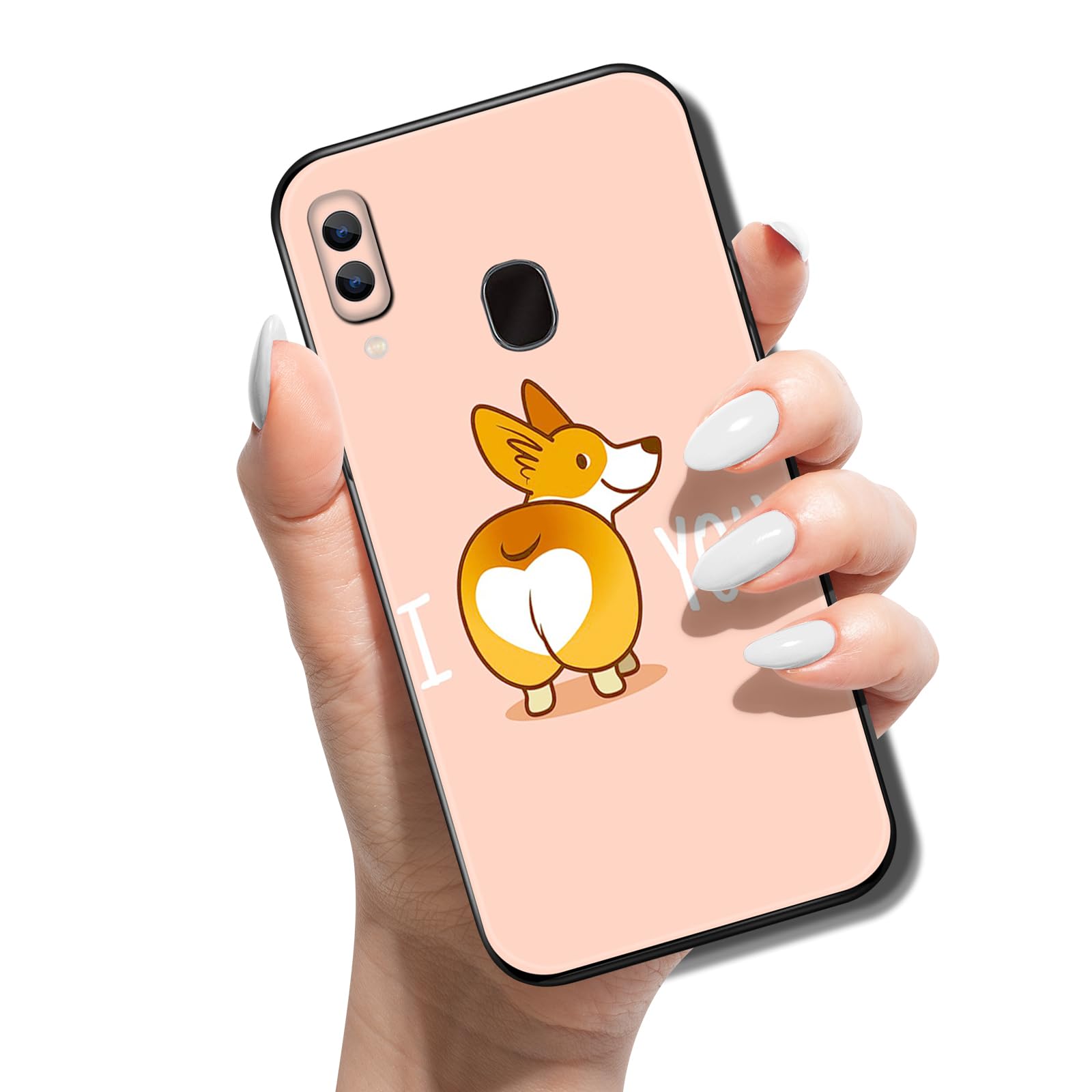 E-Pandafor Samsung Galaxy A40 Case Ultra Thin Slim Black TPU Soft Silicone Gel Bumper Shockproof Protective Cover Sparkle Clear Pattern Design Personalised Kawaii Cute - Corgi Heart