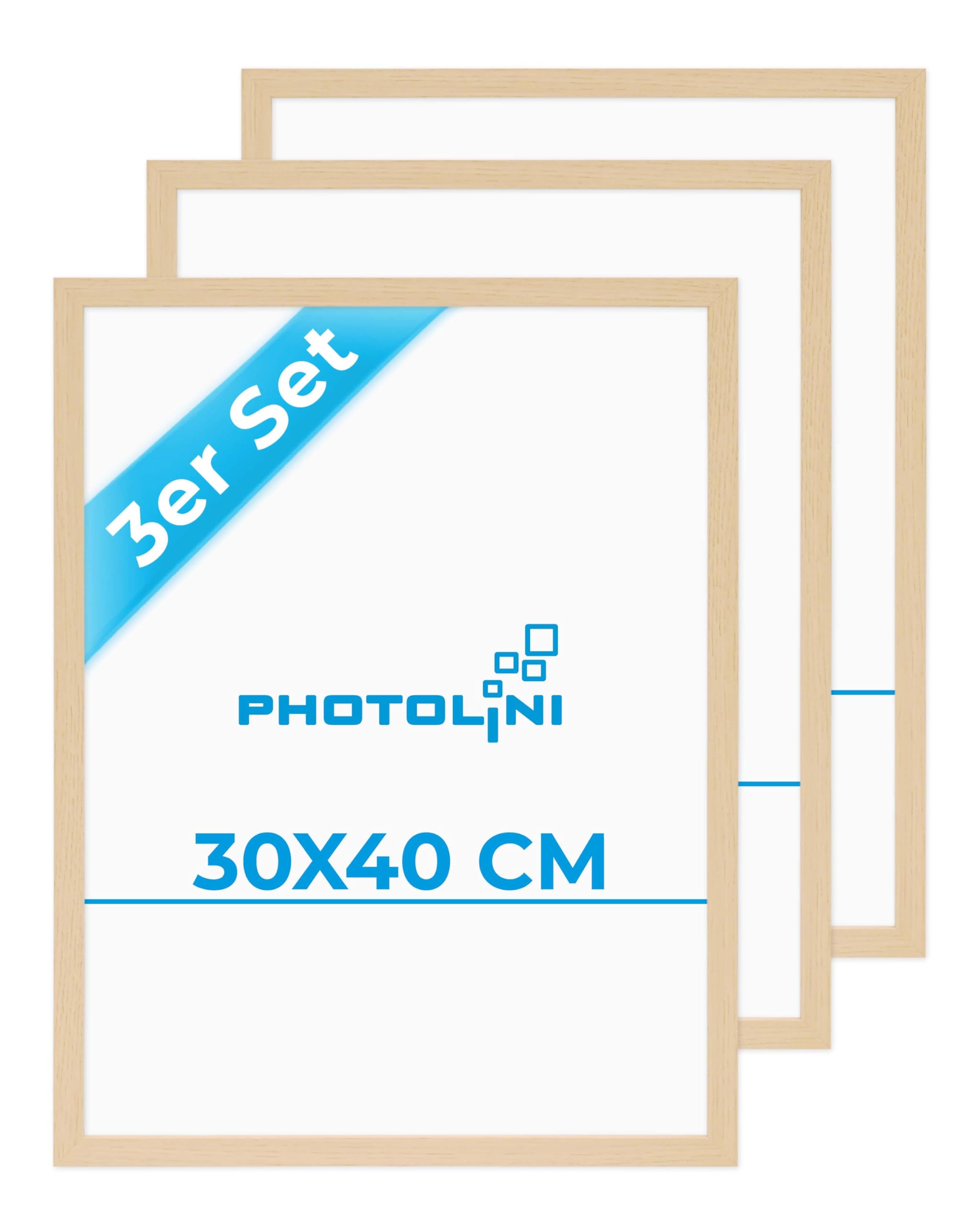 PHOTOLINI Cadre 30 x 40 bois MDF naturel, lot de 3 cadres photo 30x40 pour posters, picture frame 40x30, verre acrylique incassable, décoration murale à suspendre, avec accessoires supplémentaires