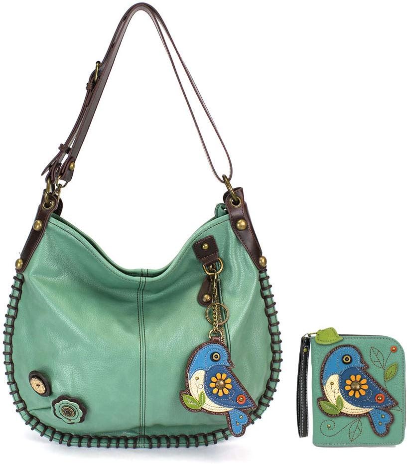 CHALA Hobo Style Large Bag Shoulder Purse with & Chala Zip Wallet Combo Set (Teal_ Blue Bird Combo)
