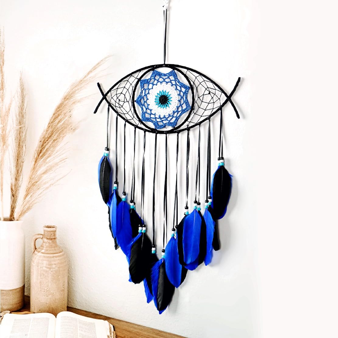 Atrapasueños Negro Mal de Ojo Plumas Azules Cuentas Decoración Dormitorio Colgante Pared Gótico Macramé