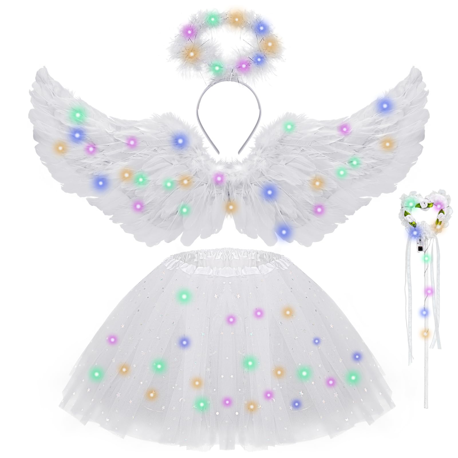 Disfraces de Ángel para Niñas, Falda tutú, Alas de Ángel de Plumas Blancas y Alas de Ángel de Halo Varita Mágica Alas de Ángel Disfraz, Disfraz de Hada para Niños