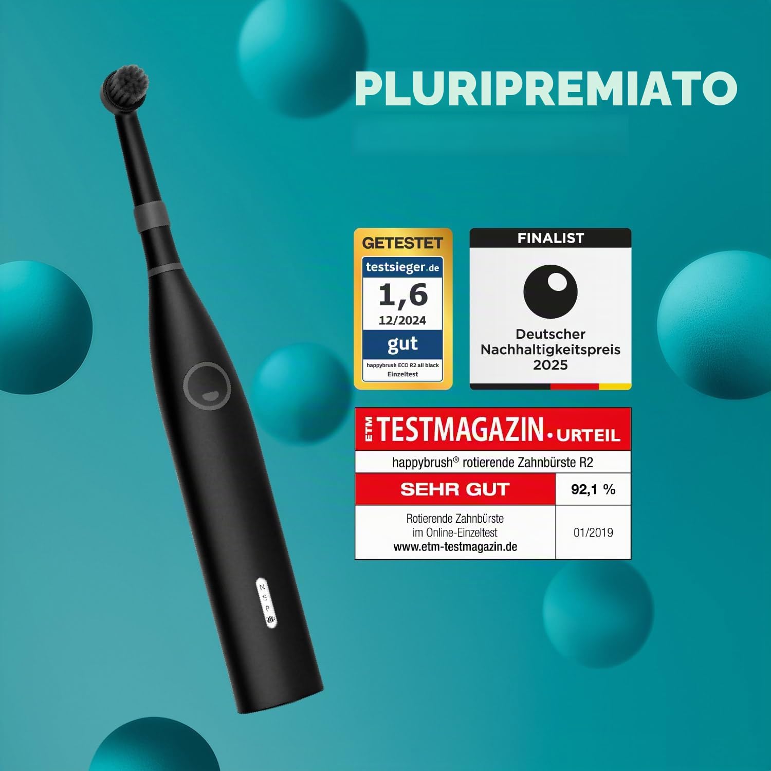happybrush spazzolino elettrico ECO R2 Vincitore del test Ökotest Starter Set nero - spazzolino rotante sostenibile con batteria inclusa 3 testine e dentifricio al carbone attivo nero