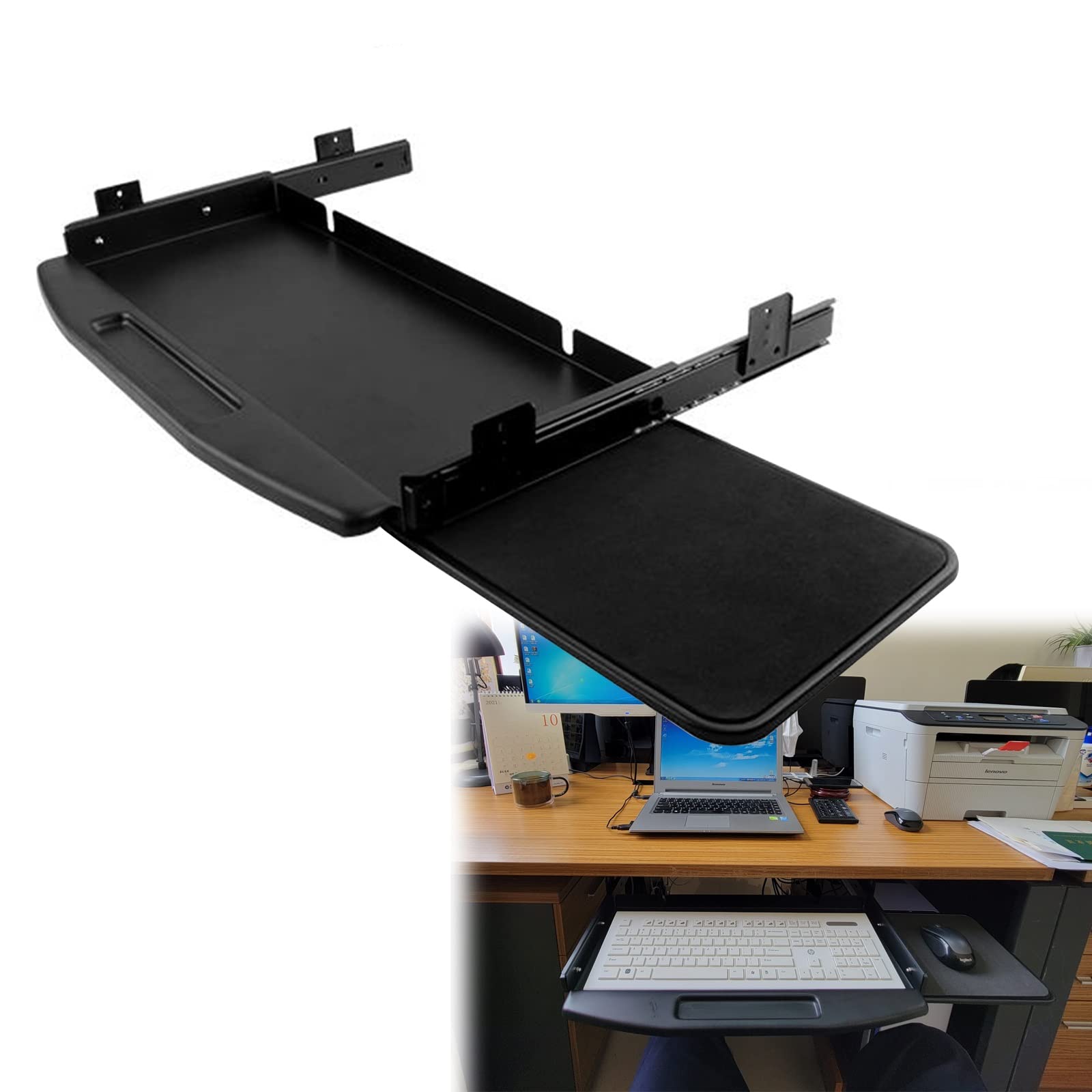 with Slides, Keyboard Tray Under Desk Sliding, with 360°Rotation Auxiliar Mouses, Ergonomic Elbow Arm Support, Black