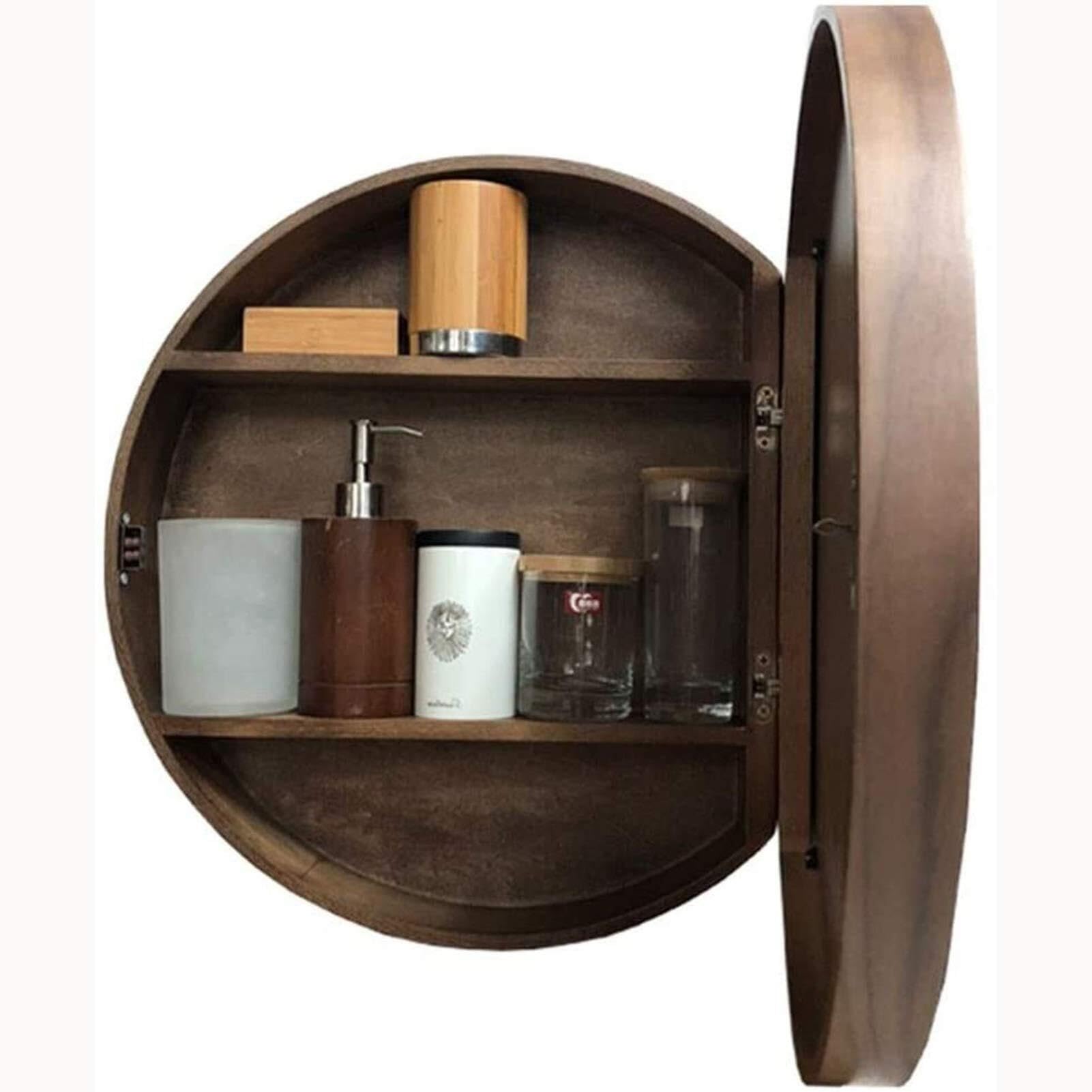 Espejos de baño de Madera Maciza - Espejo de tocador Grande corredizo montado en la Pared con función de Almacenamiento for Muebles - Espejo de Pared Redondo(Black Walnut,70cm)
