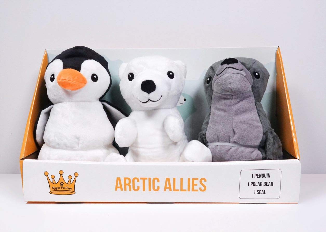 Arctic Allies 3-częściowy zestaw pluszowych zabawek dla psa, pingwin, niedźwiedź polarny i pieczęć, z piszczałką