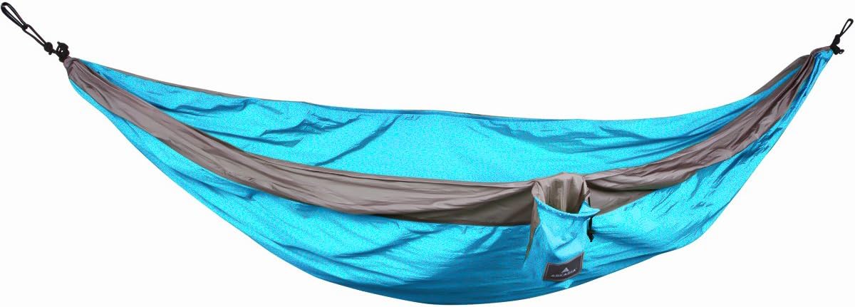 Double Parachute Camping Hammock by Arkadia | Lightweight Nylon, Packable, Great for Travel with free Carabiners and Starter Straps Blue/Grey