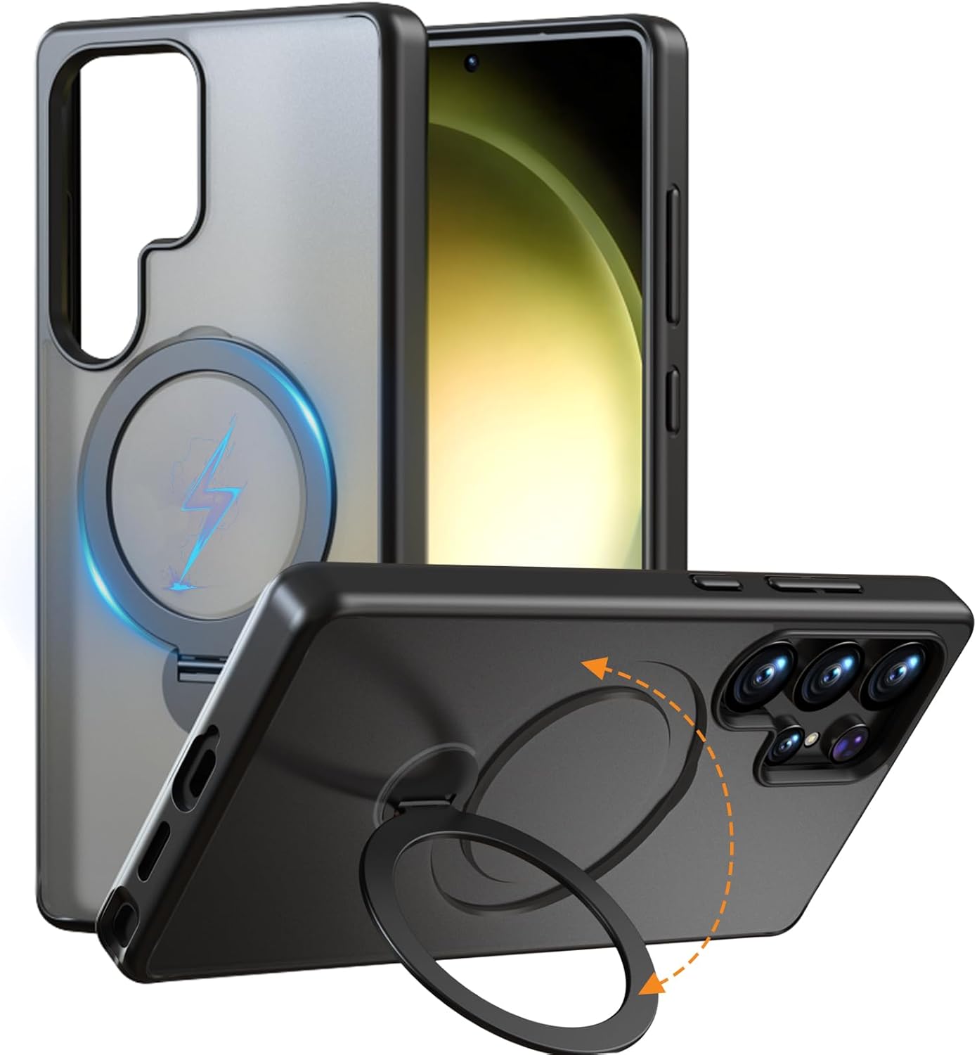 for Samsung Galaxy S24 Ultra Case with Stand,Compatible with Magsafe Wireless Charging,with 360°Rotatable Magnetic Ring Holder Kickstand,Slim Protective Phone Cover,Matte Translucent,Black