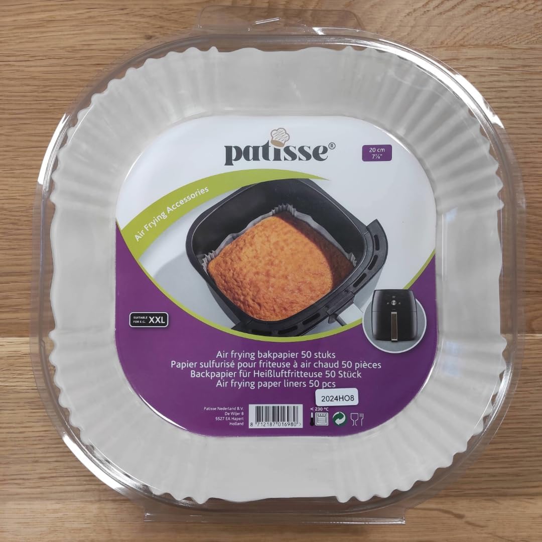 patisse 01698 Air Fryer Baking Paper Square Disposable Tray Non-Stick for Airfryer XXL Pack of 50, White, 20 cm