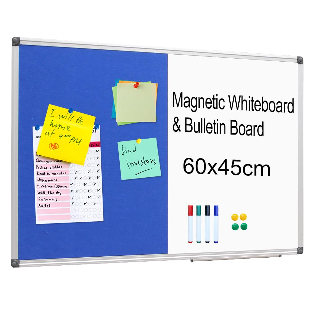 XIWODE Magnetic Whiteboard & Cork Board Combo 60x45cm, Magnetic Dry Erase Board with Blue Felt Bulletin Board, Wall Mounted Notice Board with Markers Magnets Eraser & Pins for Home Office School