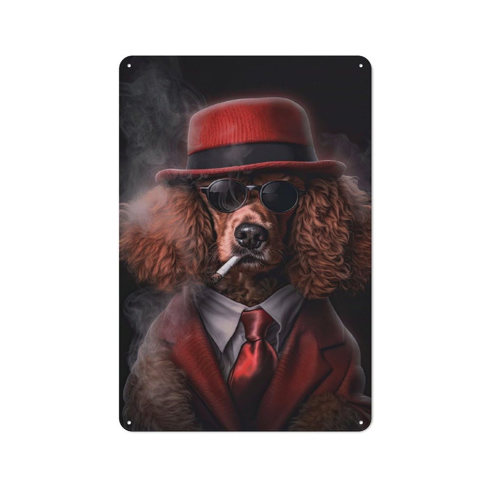 Junmoney Style-24 Metal Wall Sign 30X20cm Featuring Red Poodle Gangster Suit For Bar Or Restaurant, For Themed Interiors In Bars And Restaurants
