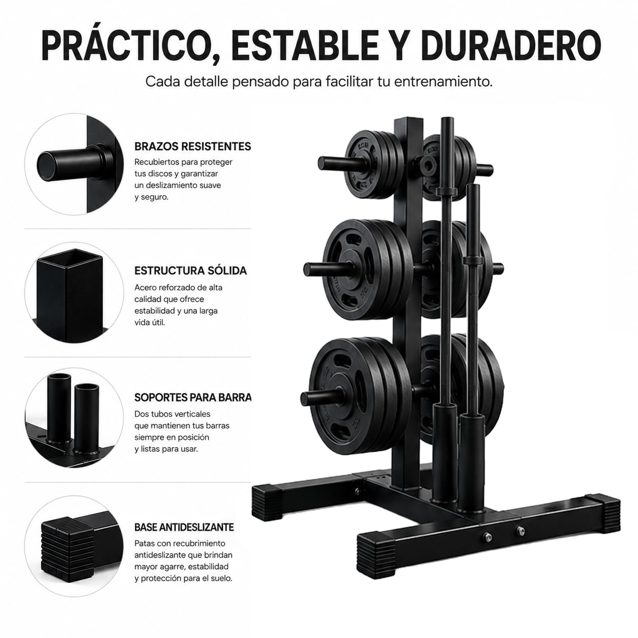 Rack para discos y barras ajustable 400 kg – Soporte para gimnasio en casa con 6 soportes para discos y 2 para barras olímpicas, acero reforzado, 113 × 69 × 61 cm