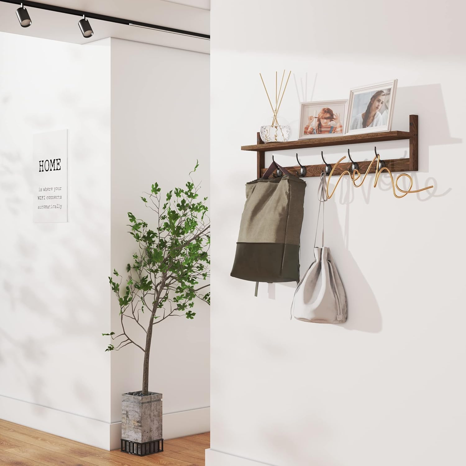 BAMEOS Gancio appendiabiti in legno a parete - Mensola lunga 73,5 cm con 5 doppi ganci in metallo, gancio per indumenti per ingresso, bagno, soggiorno, camera da letto, cucina, decorazione e