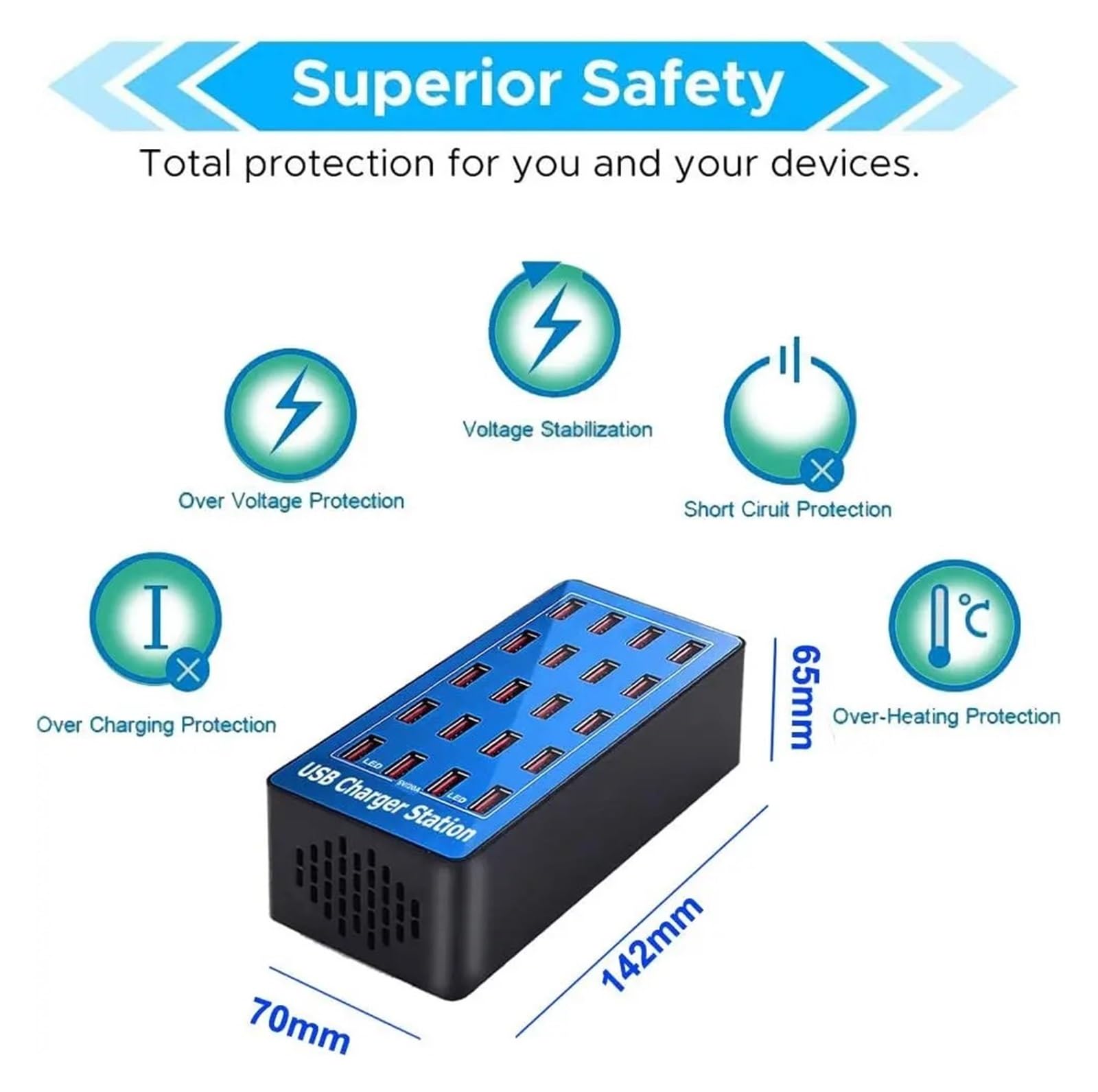 Stacja Ładująca USB 20-portowa 100 W Z Wieloma Portami Ładowarka Do Ładowania Smartfonów, Tabletów I Urządzeń(Blue)