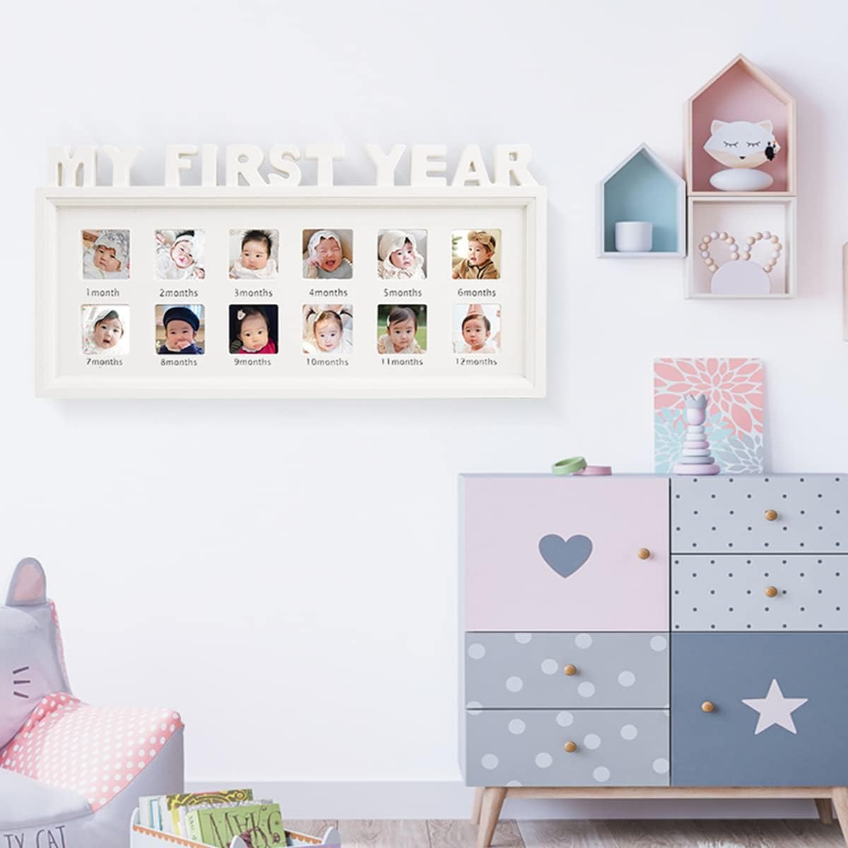 Wooden Baby Keepsake Photo Frame My First Year 12 Month Collage Picture Frame Memorial Moment Photo Album Home Tabletop Hanging Nursery Decors Monthly Photo Frame Great Gifts for Baby Shower Birthday