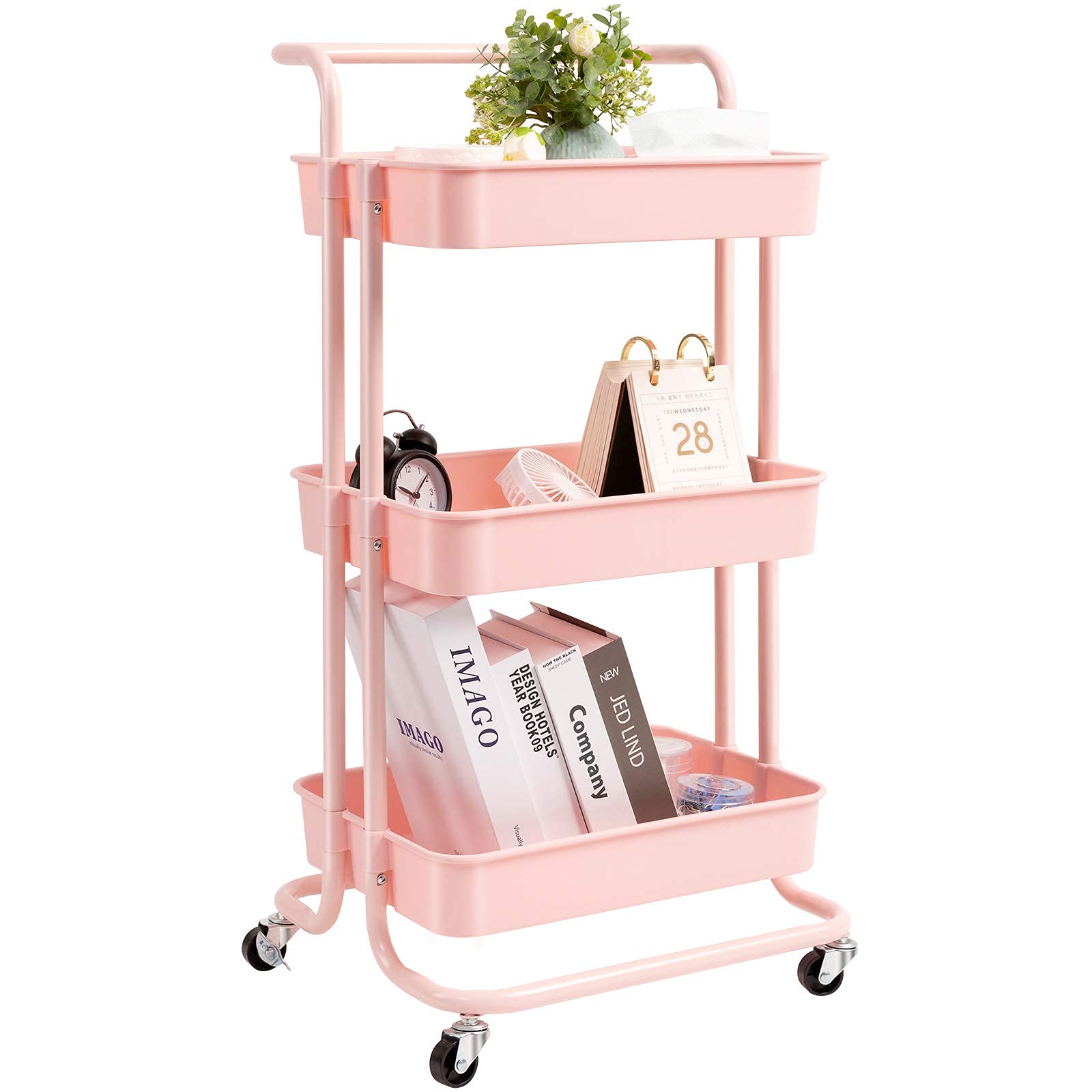 E&P 3 Tier Rolling Utility Cart, Coffee Bar Cart with Wheels and Handle Storage Organization Shelves Service Cart Trolley for Kitchen, Bathroom, Office, Workshop (Pink)