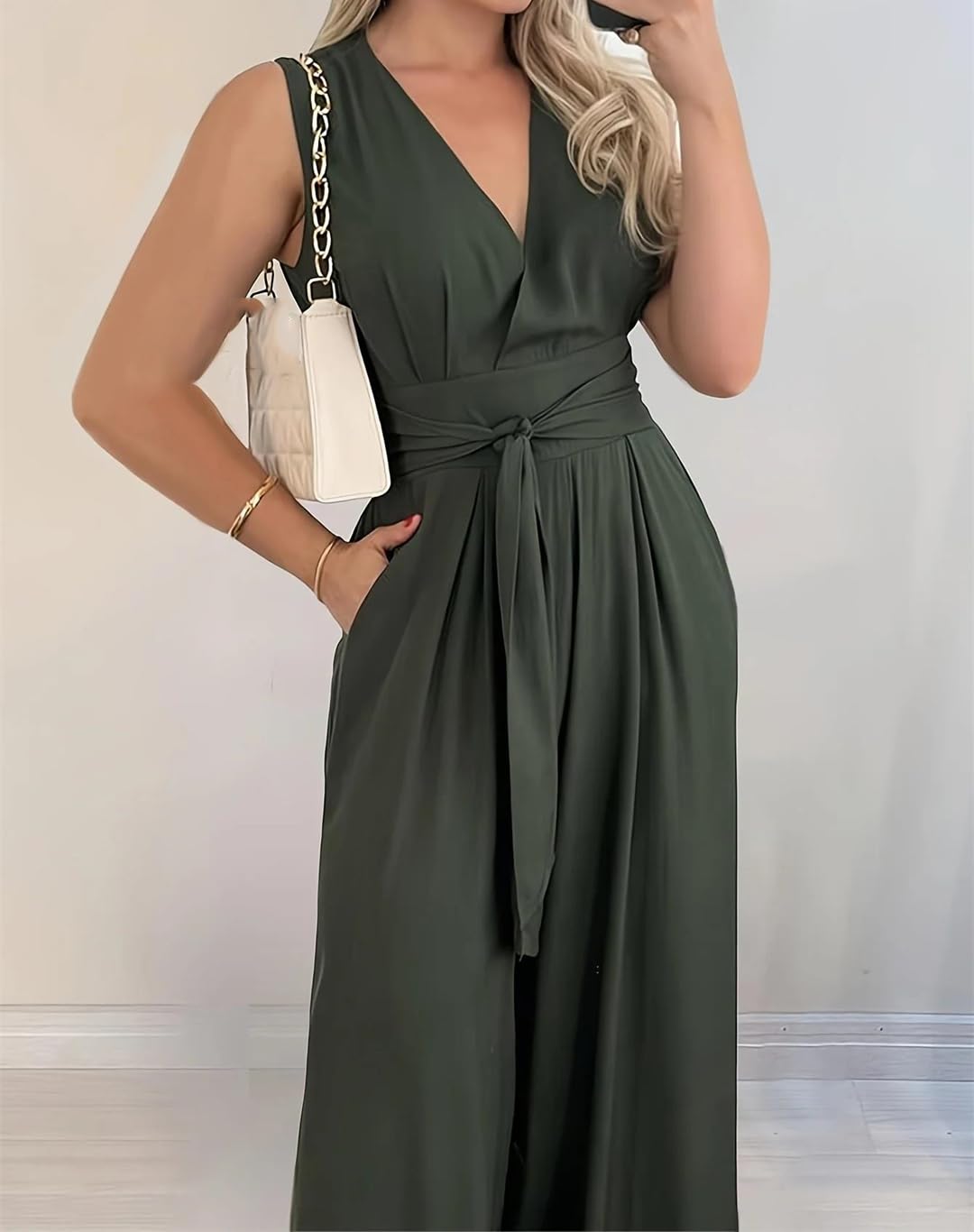 Yeuyyben Mono de pierna ancha con cuello en V para mujer, con lazo en la cintura, casual, color liso, ajuste holgado, elegante, pantalones largos