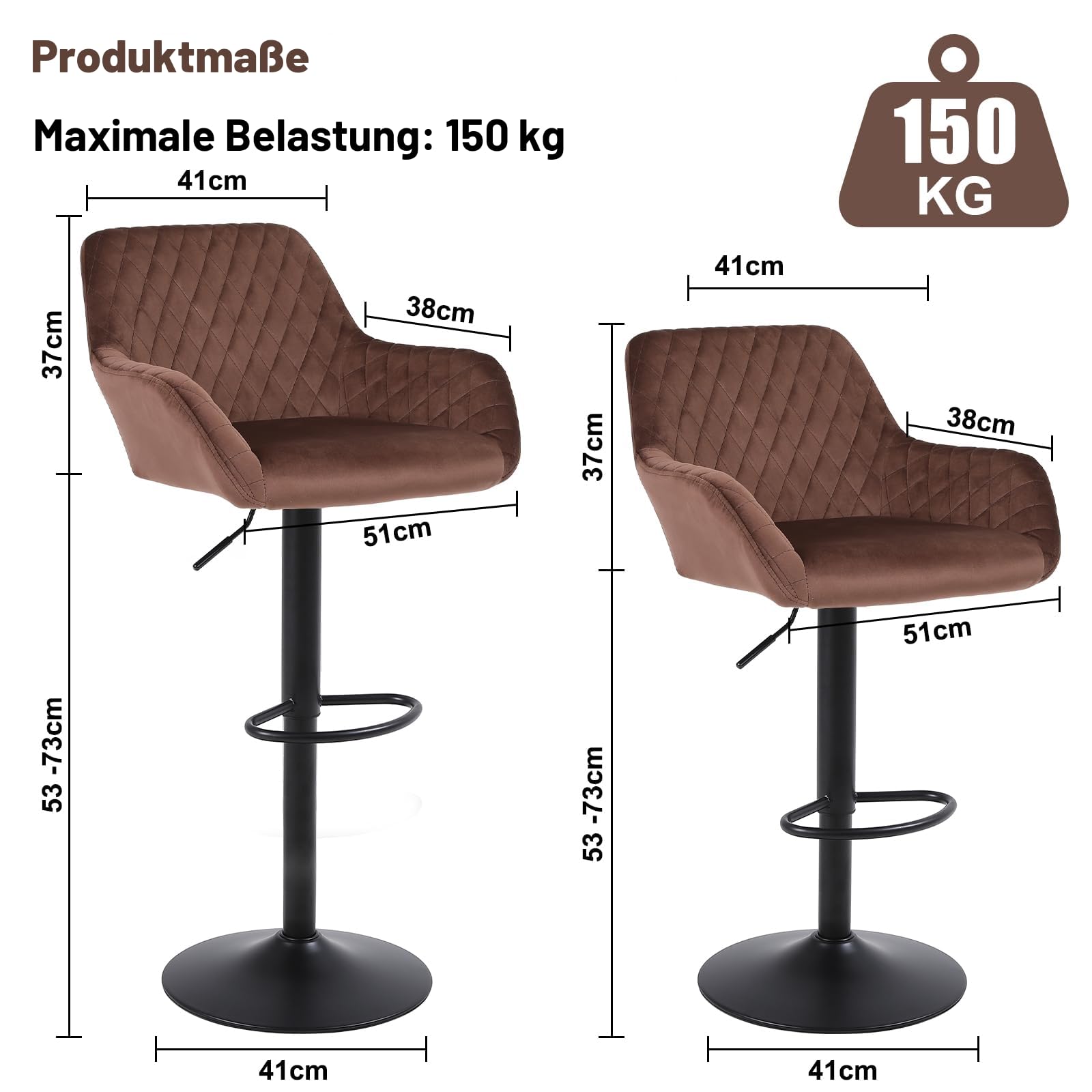 ralex-chair Barhocker 2er Set, Höhenverstellbare Drehbare Barhocker aus Samtstoff, Frühstücks-Esshocker mit Rückenlehne und Armlehne für Bar, Theke und Küche, Braun