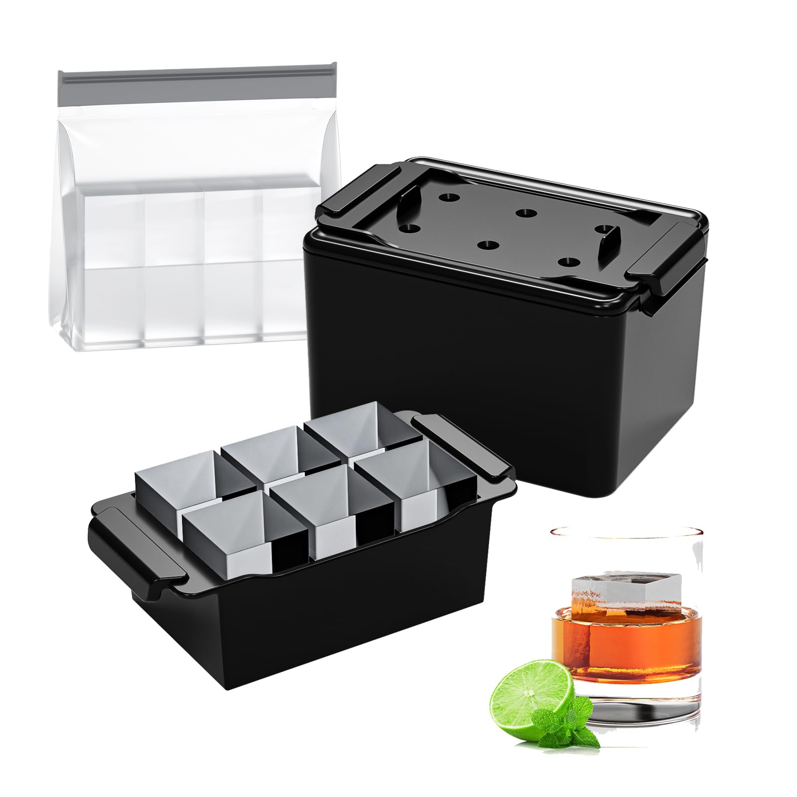 6 x 1.9 pulgadas Molde de hielo transparente, fabricante de hielo transparente para whisky bourbon old fashioned cócteles, bandeja de hielo transparente de silicona con bolsa de almacenamiento de