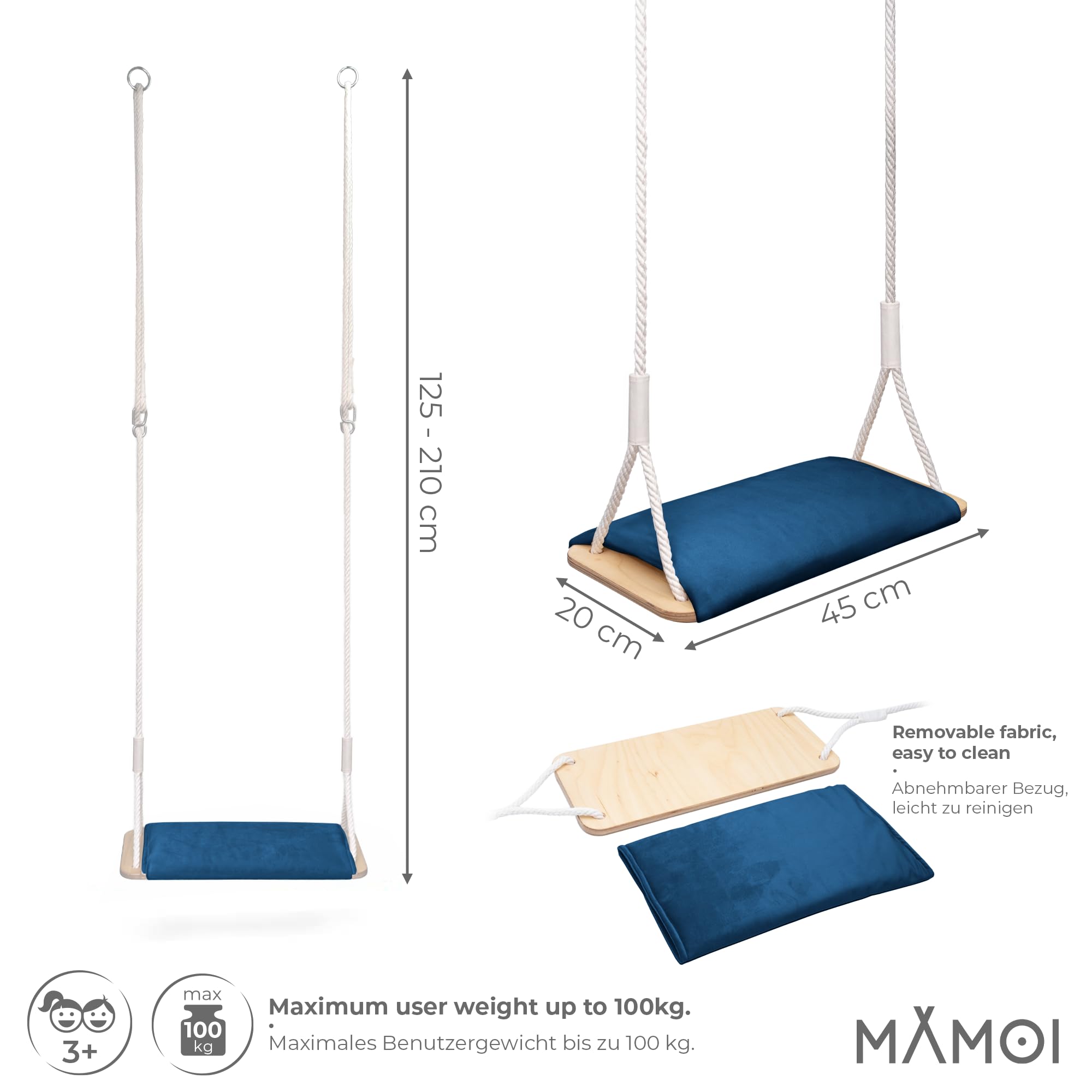 MAMOI® Altalena in legno con cuscino in velluto, seduta in legno per interni ed esterni, corde in cotone regolabili, fino a 100 kg, Made in EU
