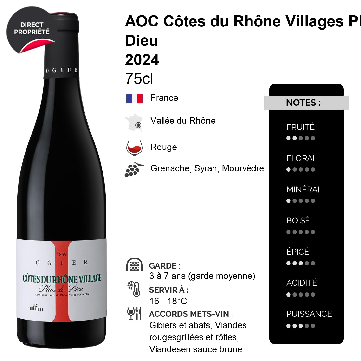 Côtes du Rhône Villages Plan de Dieu Les Templiers - Rouge 2024 - Maison Ogier - Vin Rouge de la Vallée du Rhône (6x75cl)