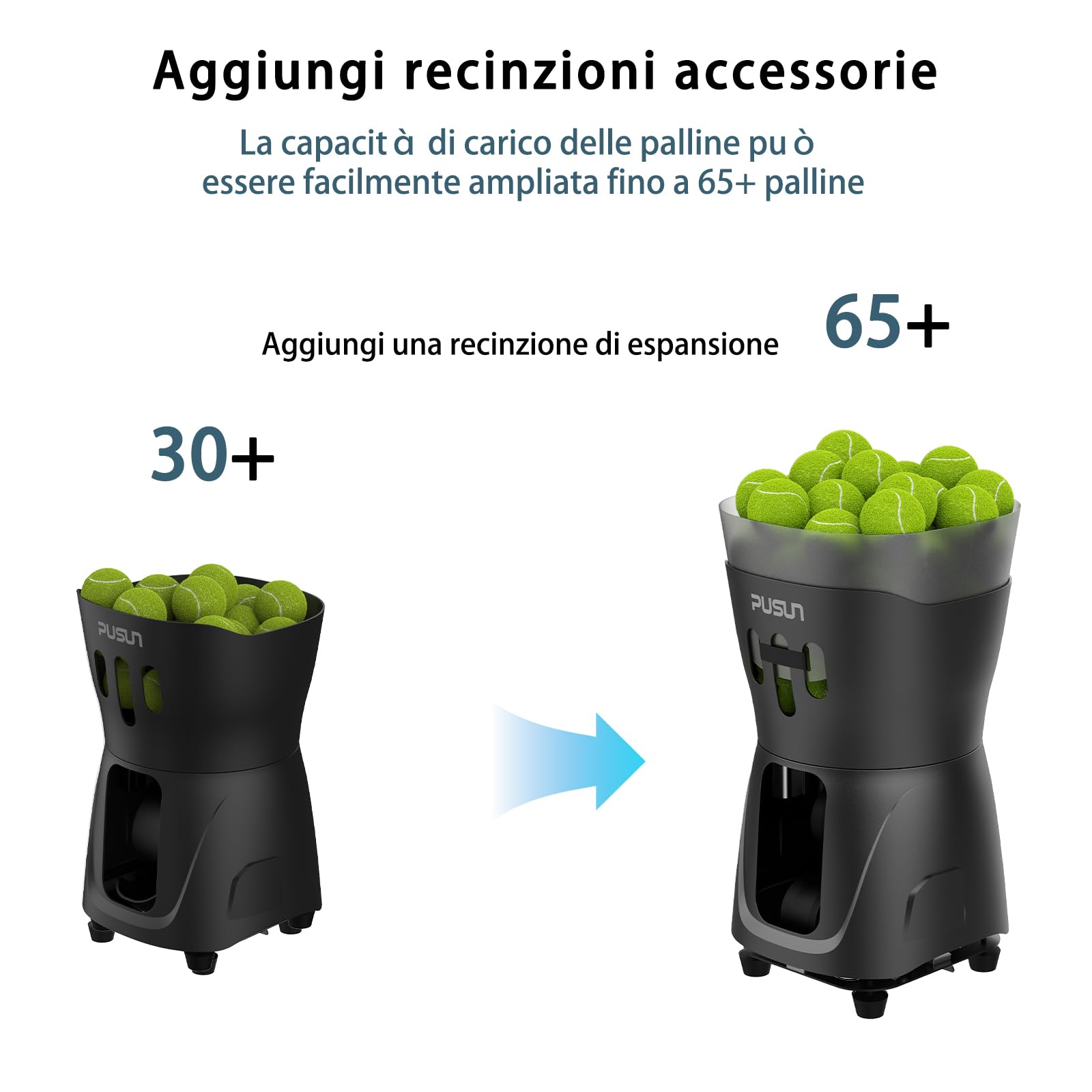PUSUN PT-Mini PRO Macchina Lanciapalle Tennis Compatta con App, 65+ Palline, 8-60 km/h, Batteria 3-5 Ore, Ideale per Principianti, Scuole e Allenamento Indoor