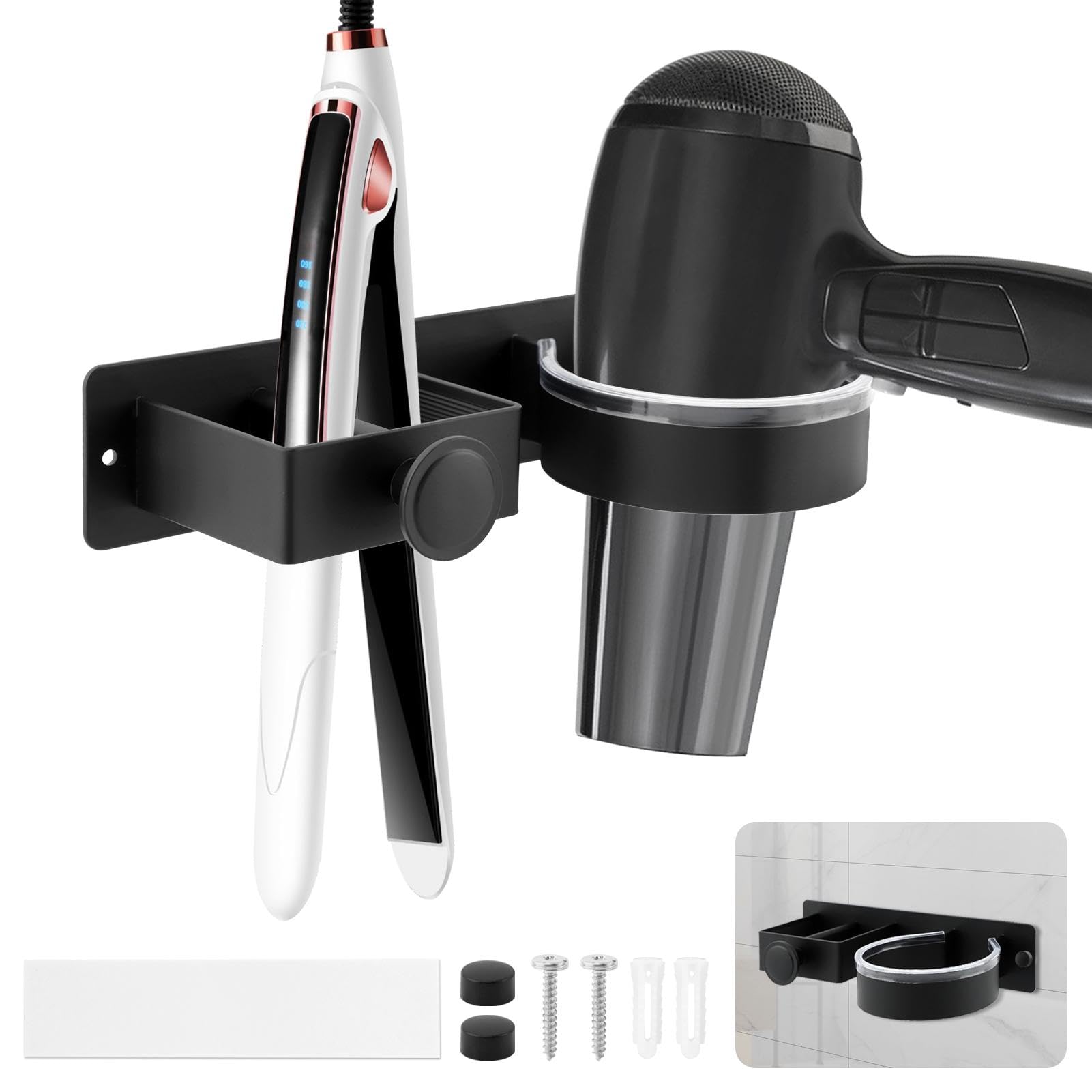 Hair Dryer Holder Wall Mounted, Hair Dryer and Straightener Holder, Hair Tool Organizer for Bathroom, Suitable for Most of Hair Dryers(Color:Black)