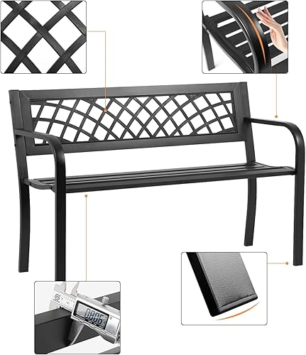 Miniatura 5 de HKLGorg Banco de jardín para exteriores, banco de parque de hierro fundido resistente de metal con reposabrazos, capacidad de 480 libras, banco de