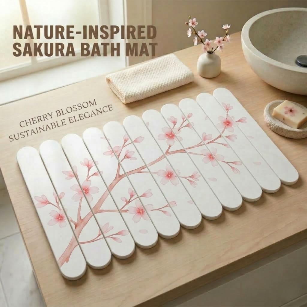 Foldable Stone Bath Mat Large 30" x 17" – Diatomaceous Earth Quick Drying Non-Slip Bathroom Mat – Super Absorbent Mat, Durable & Easy to Clean, Modern (1, Beige - Sakura, Large 30" x 17")