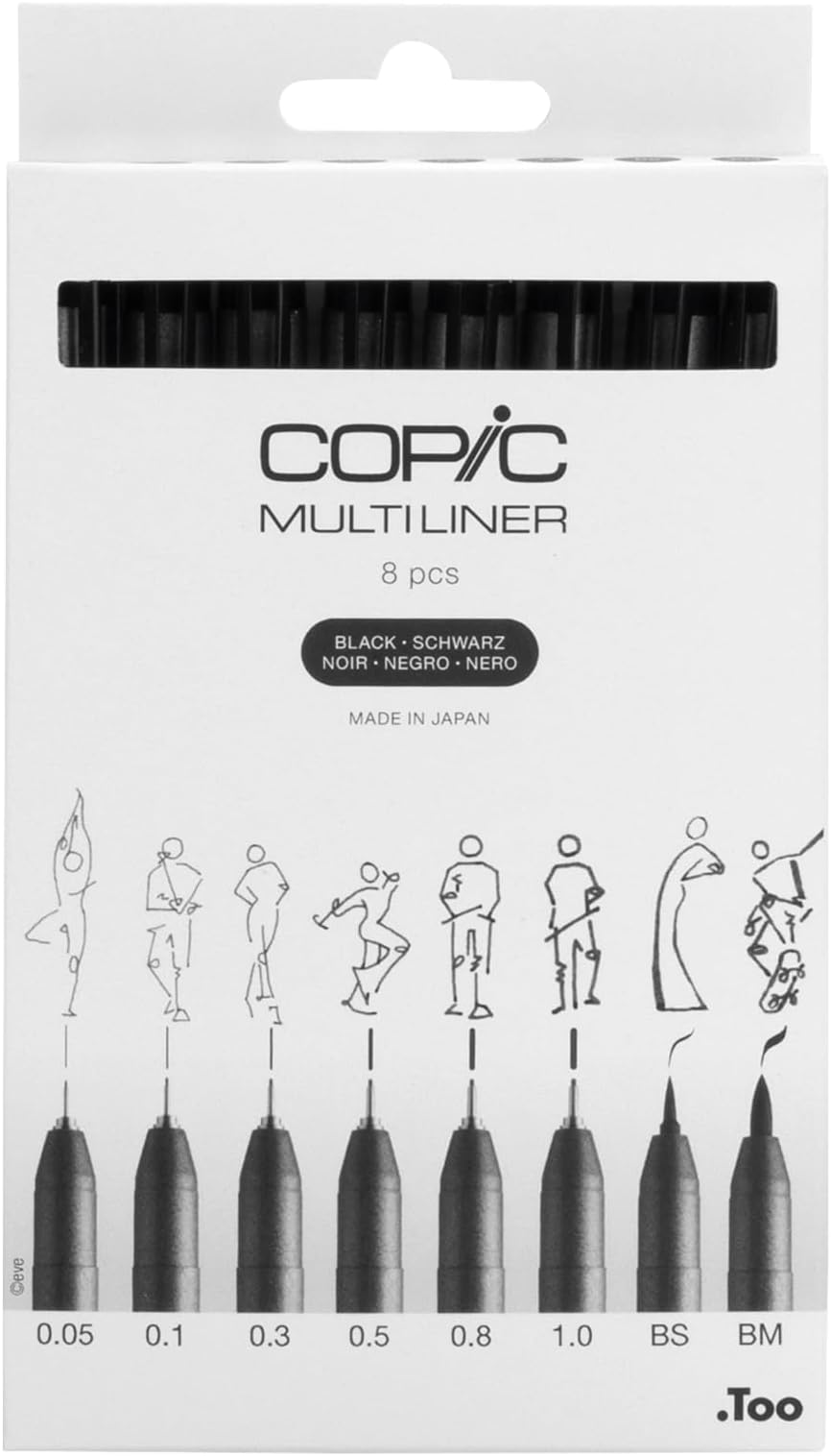 Multiliner, Black, Set Of 8, Black, For Art & Crafts, Colouring, Graphics, Highlighter, Design, Anime, Professional & Beginners, Art Supplies & Colouring Books