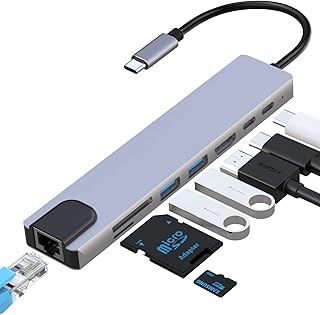 USB C HUB Multiport Adapter, Aluminum 8-in-1 USB C Hub with HDMI 4K 60Hz, RJ45 Ethernet,100W PD Charging, SD TF Card Reader, 2 USB 2.0, USB Type C Hub Compatible with MacBook Pro and More